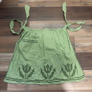 Handmade Green White Gingham Black Floral Cross-stitch Front Pocket Half Apron